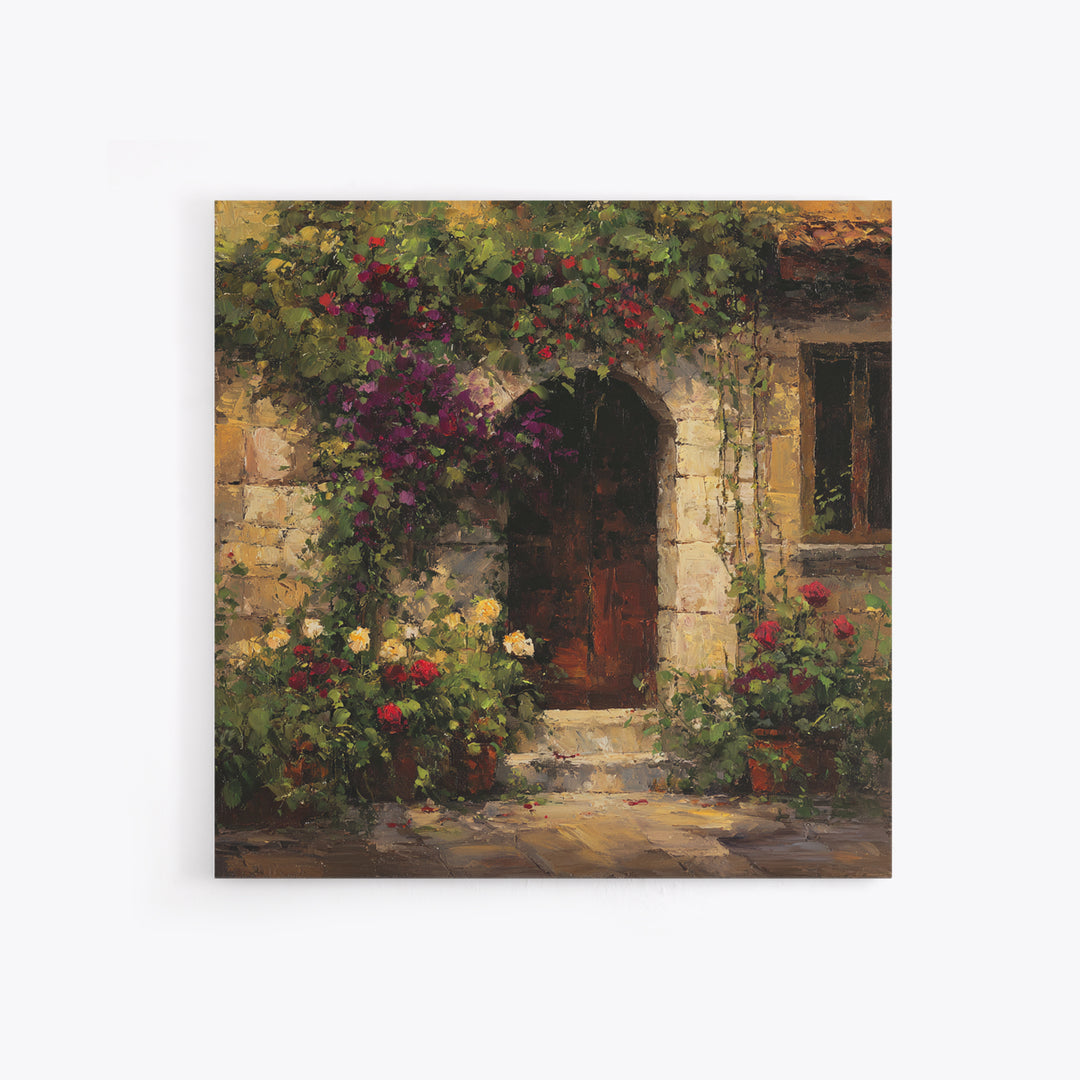 Vineyard Gate with Climbing Roses Canvas Print, Winery Art, Farmhouse Decor, Winery Decor, Oil Painting, Vineyard, Bar Art, WIN-1x1-15