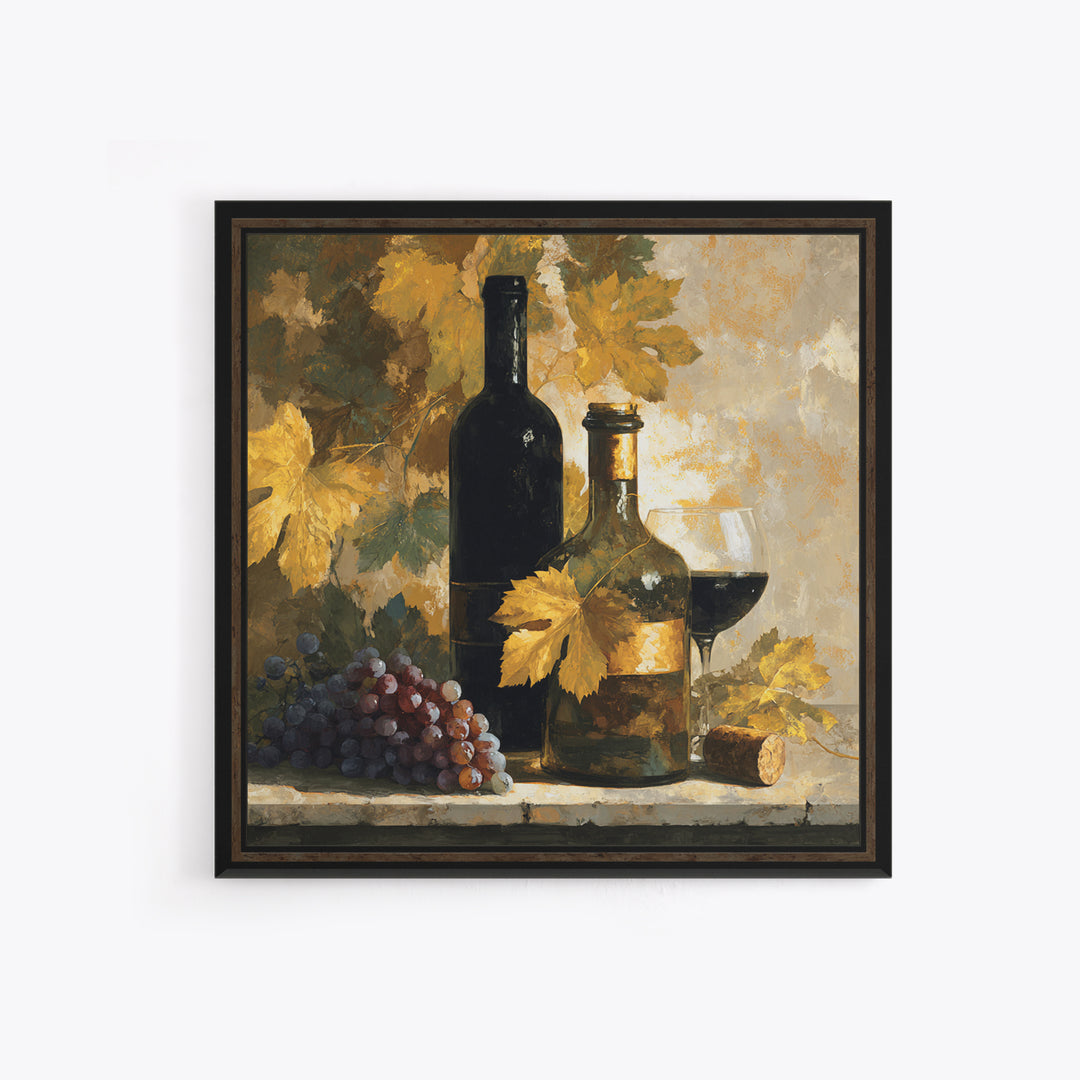 Black and Gold Wine Bottle Silhouette Framed Canvas Print, Winery Art, Kitchen Art, Winery Decor, Watercolor Art, Vineyard, WIN-1x1-16