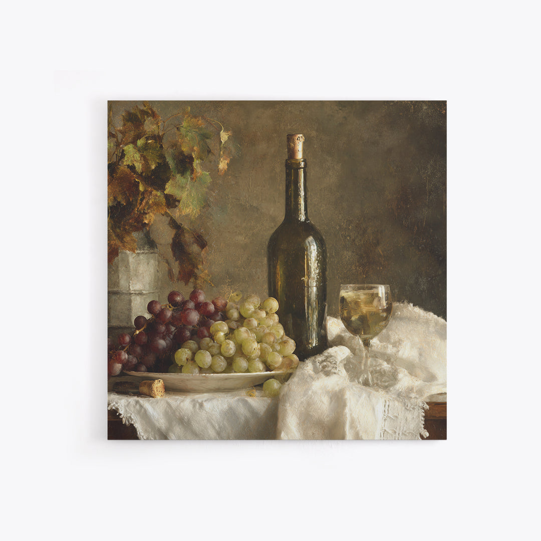 Champagne Grapes and White Linen Still Life Framed Canvas Print, Winery Art, Winery Decor, Abstract Art, Vineyard, WIN-1x1-29