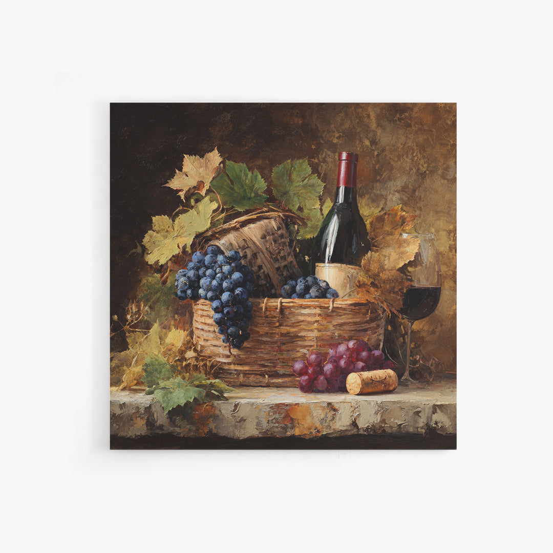 Wine Harvest Basket Framed Canvas Print, Winery Art, Bar Art, Winery Decor, Fine Art, Vineyard, Textured Painting, WIN-1x1-46