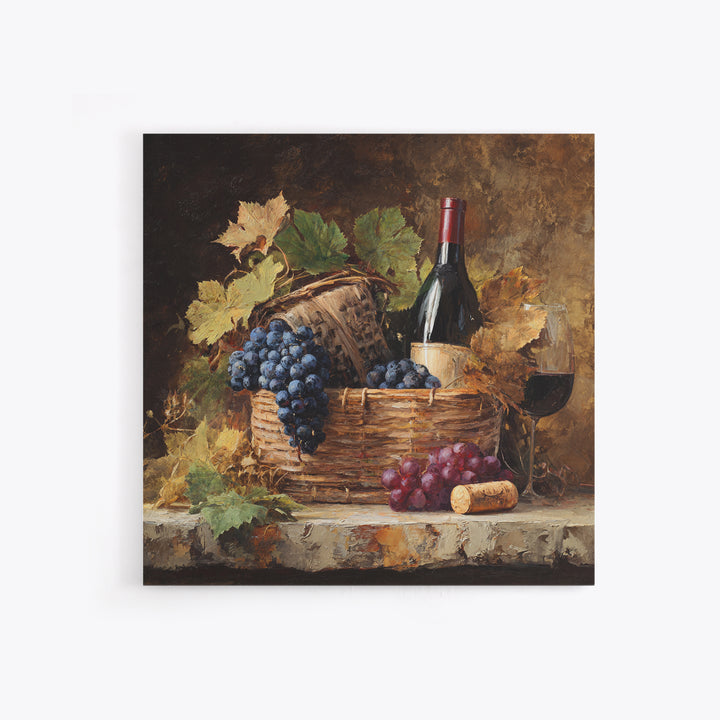 Wine Harvest Basket Framed Canvas Print, Winery Art, Bar Art, Winery Decor, Fine Art, Vineyard, Textured Painting, WIN-1x1-46