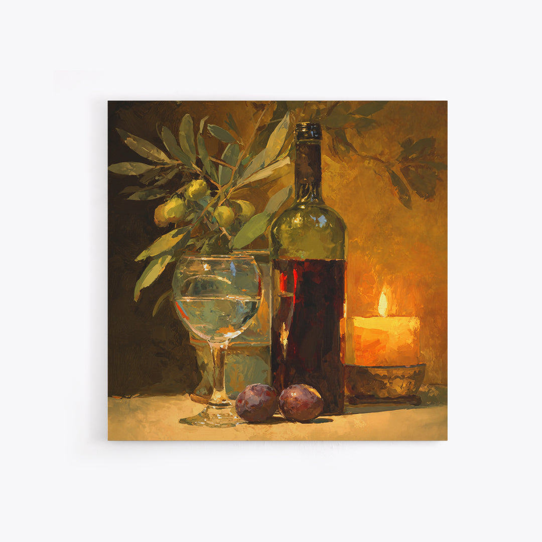 Olive Branch and Wine Glass Mediterranean Still Framed Canvas Print, Winery Art, Winery Decor, Oil Painting, Vineyard, WIN-1x1-48
