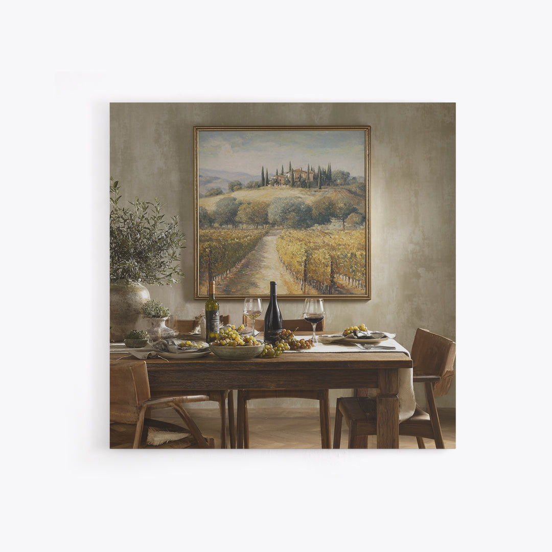 Tuscan Vineyard at Golden Hour Framed Canvas Print, Winery Art, Travel Poster, Winery Decor, Oil Painting, Vineyard, WIN-1x1-51