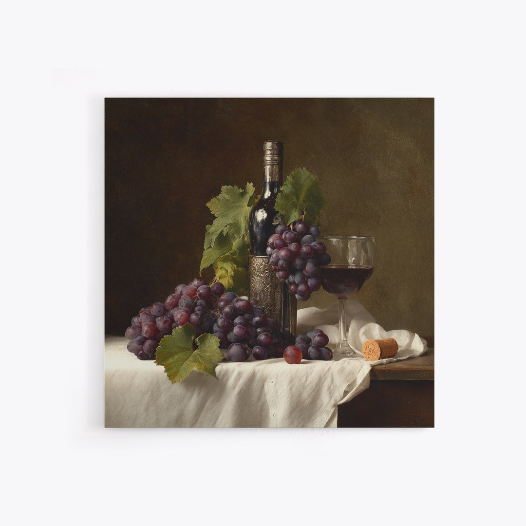 Champagne Grapes and White Linen Still Life Framed Canvas Print, Winery Art, Winery Decor, Abstract Art, Vineyard, WIN-1x1-53