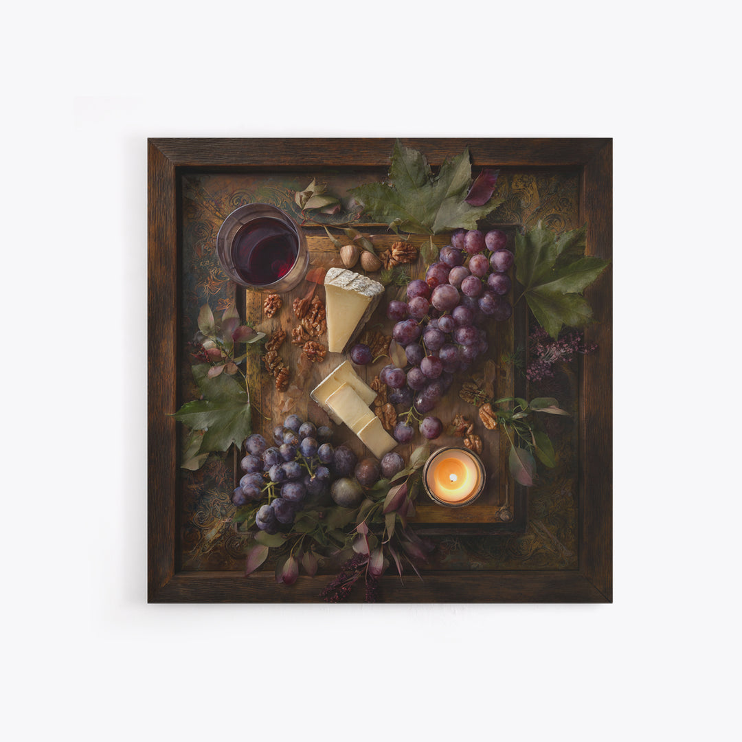 Charcuterie Board with Grapes and Cheese Framed Canvas Print, Winery Art, Boho Decor, Winery Decor, Oil Painting, Vineyard, WIN-1x1-61