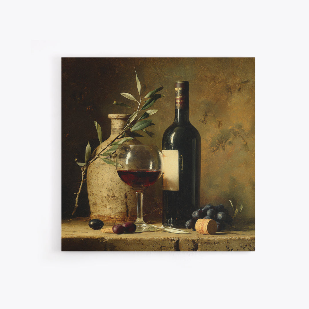 Olive Branch and Wine Glass Mediterranean Still Framed Canvas Print, Winery Art, Print, Winery Decor, Fine Art, Vineyard, WIN-1x1-96