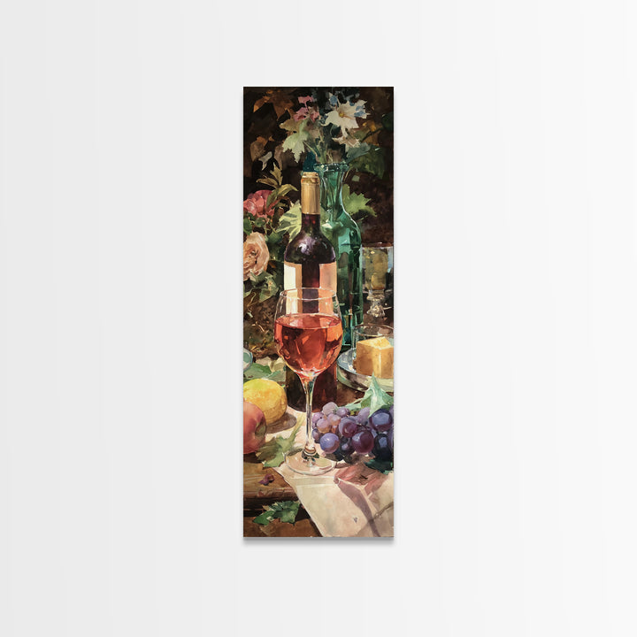 Ros Glass Beside Summer Flowers Canvas Print, Winery Art, Living Room Art, Winery Decor, Watercolor Art, Vineyard, WIN-1x3-2