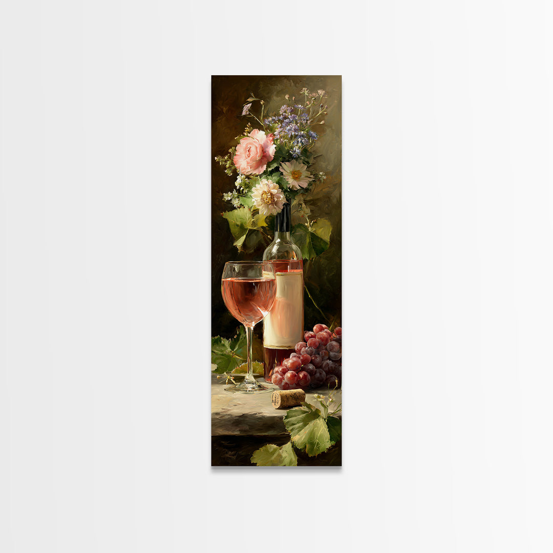 Ros Glass Beside Summer Flowers Canvas Print, Winery Art, Living Room Art, Winery Decor, Watercolor Art, Vineyard, WIN-1x3-26