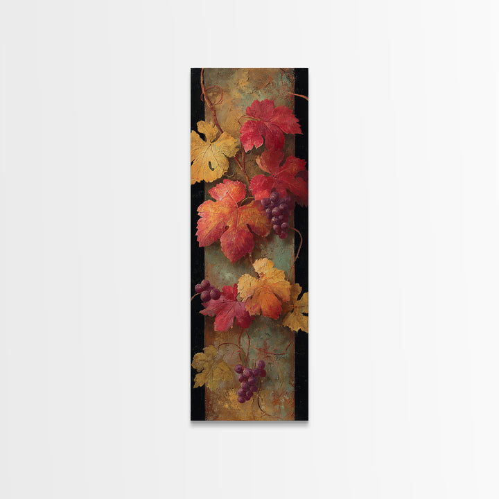 Vine Leaves Turning Autumn Red and Gold Framed Canvas Print, Winery Art, Watercolor Painting, Winery Decor, Fine Art, Vineyard, WIN-1x3-47