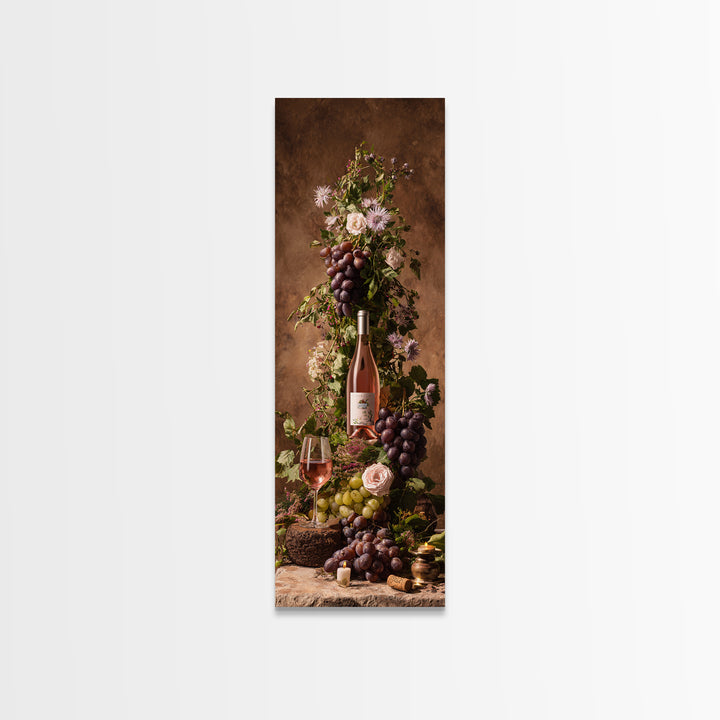 Ros Glass Beside Summer Flowers Framed Canvas Print, Winery Art, Fine Art Print, Winery Decor, Watercolor Art, Vineyard, WIN-1x3-74