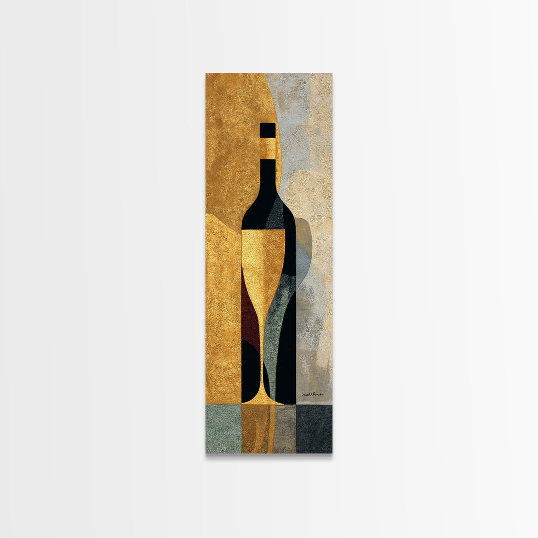 Black and Gold Wine Bottle Silhouette Framed Canvas Print, Winery Art, Kitchen Wall Decor, Winery Decor, Oil Painting, Vineyard, WIN-1x3-76