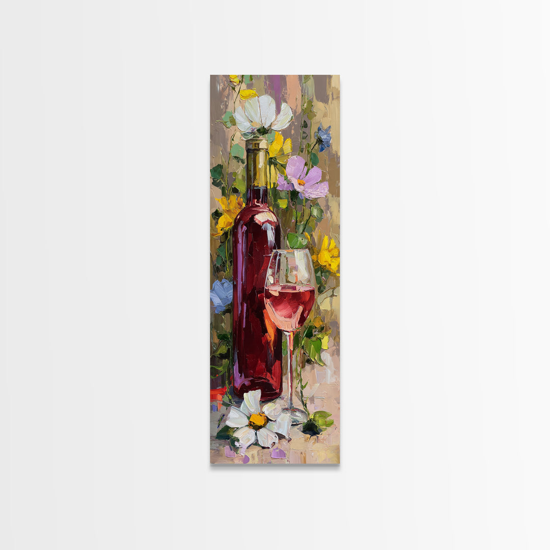 Ros Glass Beside Summer Flowers Canvas Print, Winery Art, Textured Painting, Winery Decor, Fine Art, Vineyard, Oil Painting, WIN-1x3-98