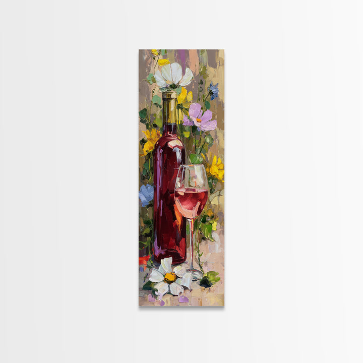 Ros Glass Beside Summer Flowers Canvas Print, Winery Art, Textured Painting, Winery Decor, Fine Art, Vineyard, Oil Painting, WIN-1x3-98