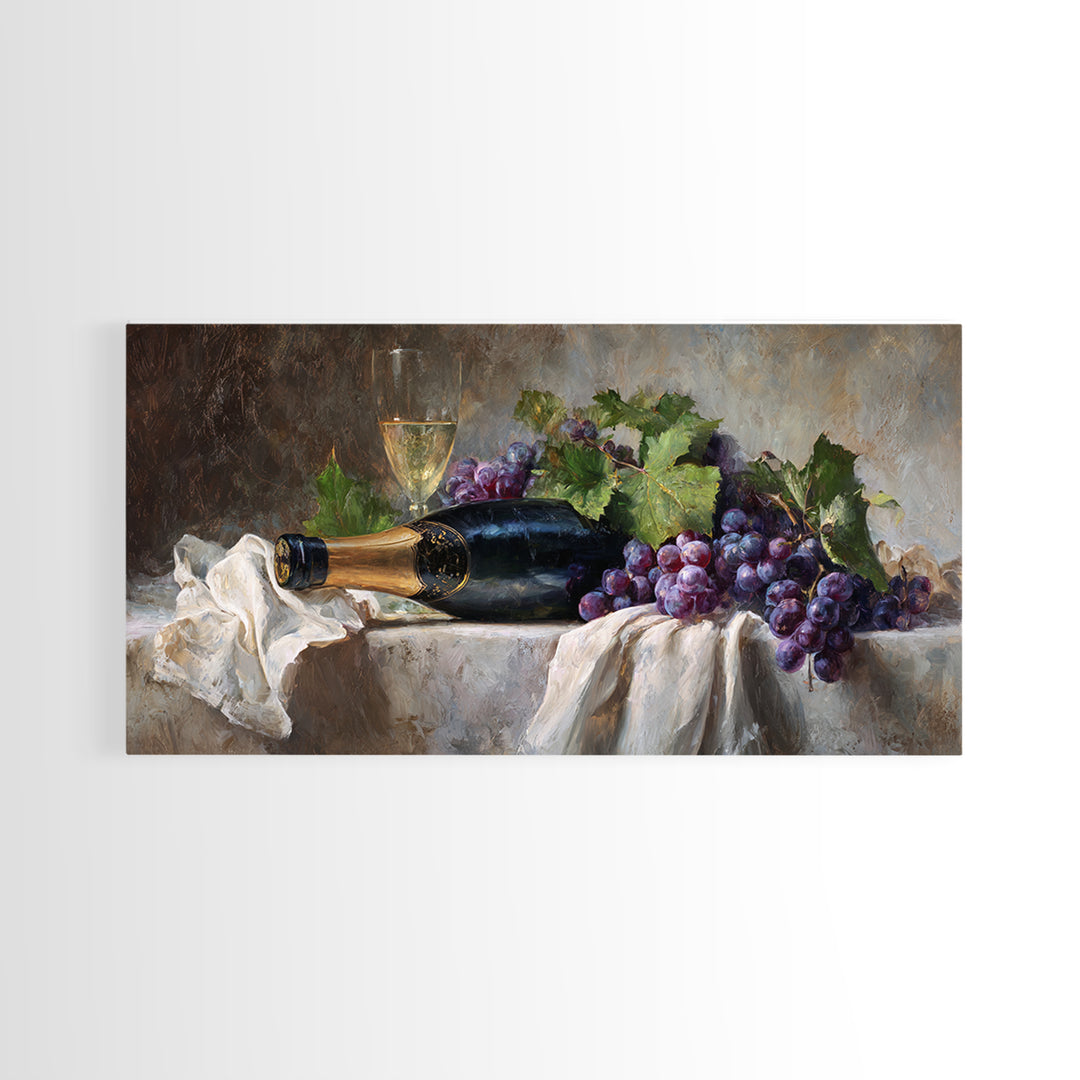 Champagne Grapes and White Linen Still Life Framed Canvas Print, Winery Art, Printable Wall Art, Winery Decor, Vineyard, WIN-2x1-1