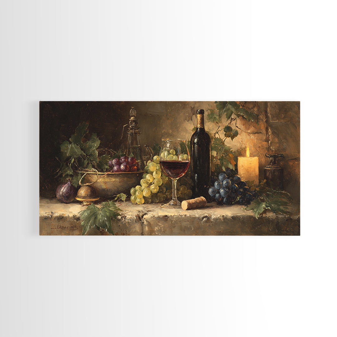 Olive Branch and Wine Glass Mediterranean Still Framed Canvas Print, Winery Art, Statement Artwork, Winery Decor, Vineyard, WIN-2x1-20