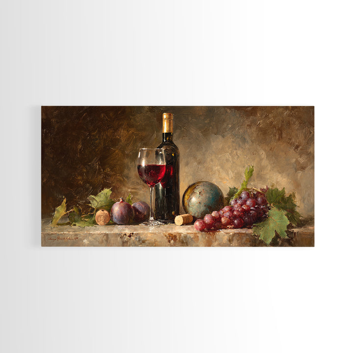 Wine Bottle and Glass Still Life Canvas Print, Winery Art, Textured Painting, Winery Decor, Fine Art, Vineyard, Oil Painting, WIN-2x1-22
