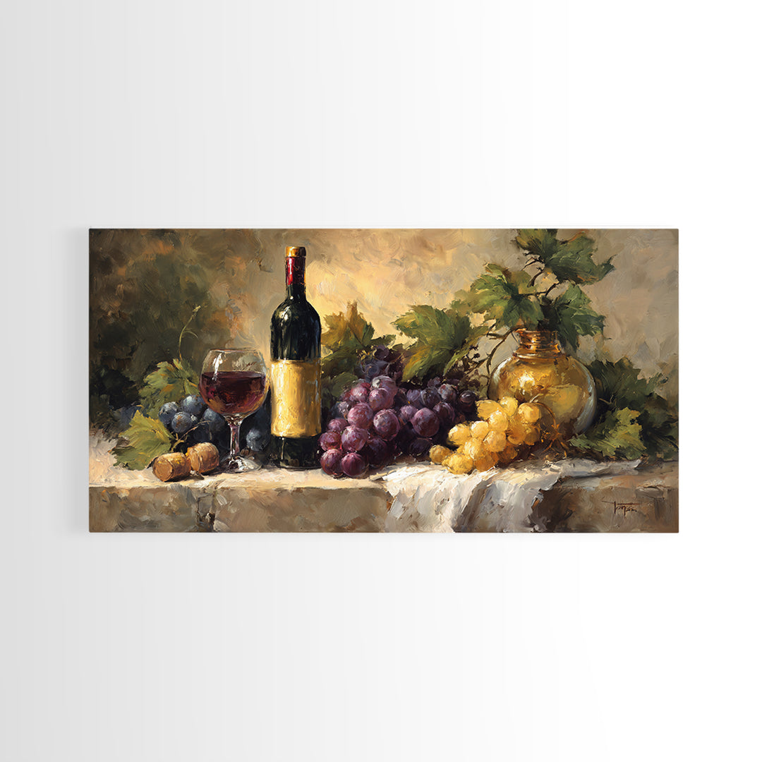 Tuscan Vineyard at Golden Hour Framed Canvas Print, Winery Art, Oil Painting, Winery Decor, Watercolor Art, Vineyard, WIN-2x1-23