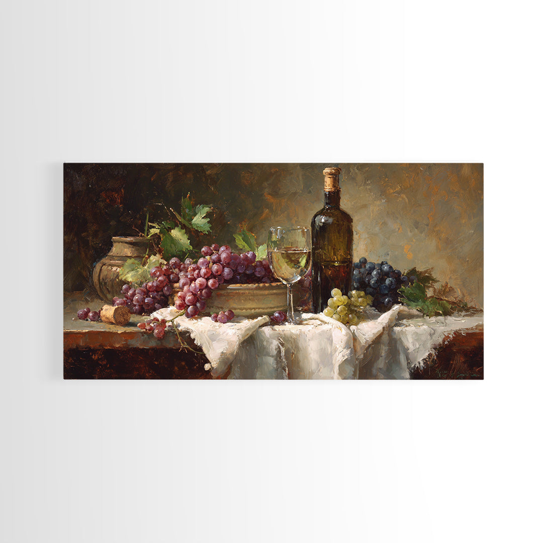 Champagne Grapes and White Linen Still Life Framed Canvas Print, Winery Art, Printable Wall Art, Winery Decor, Vineyard, WIN-2x1-25
