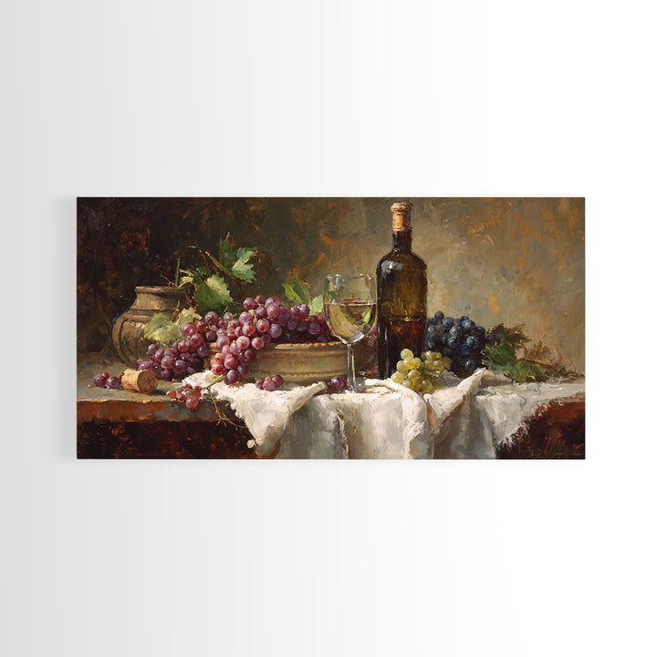 Champagne Grapes and White Linen Still Life Framed Canvas Print, Winery Art, Printable Wall Art, Winery Decor, Vineyard, WIN-2x1-25