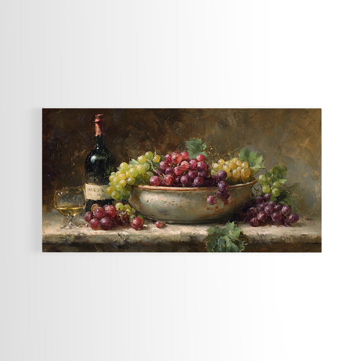 Grapes in a Ceramic Bowl with Shadows Framed Canvas Print, Winery Art, Oil Painting, Winery Decor, Watercolor Art, Vineyard, WIN-2x1-29