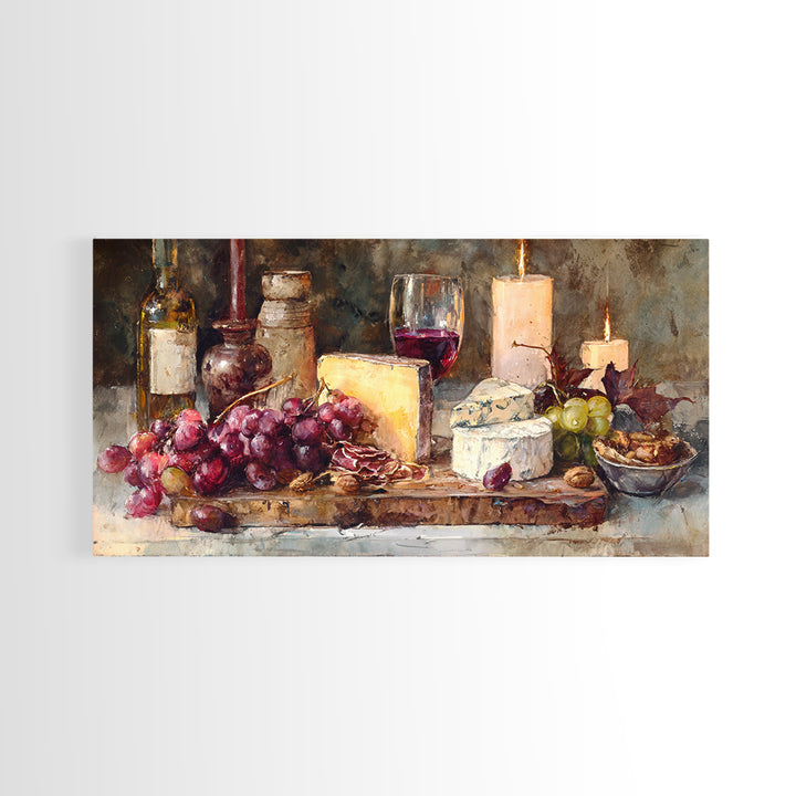 Charcuterie Board with Grapes and Cheese Framed Canvas Print, Winery Art, Painting, Winery Decor, Fine Art, Vineyard, WIN-2x1-33