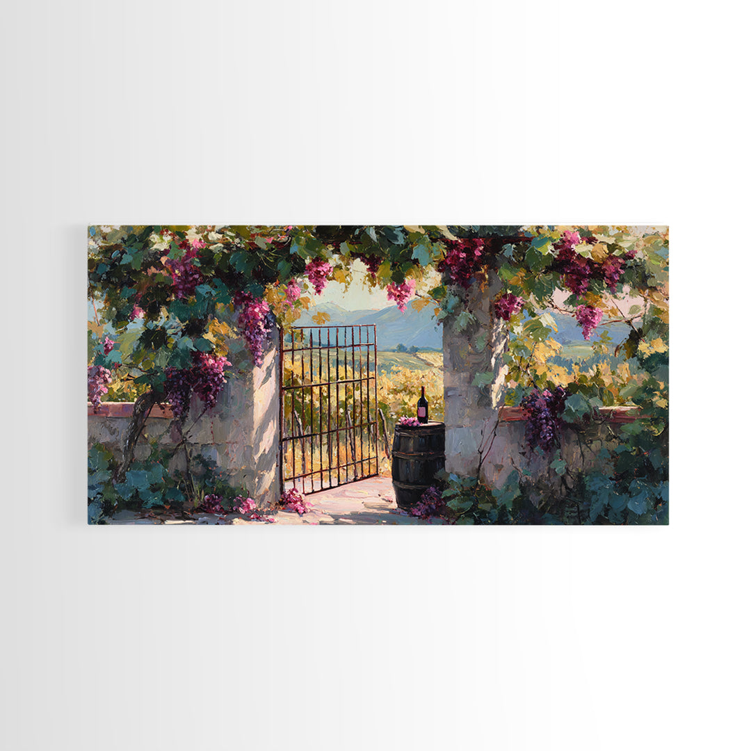 Vineyard Gate with Climbing Roses Framed Canvas Print, Winery Art, Wall Art, Winery Decor, Oil Painting, Vineyard, WIN-2x1-35
