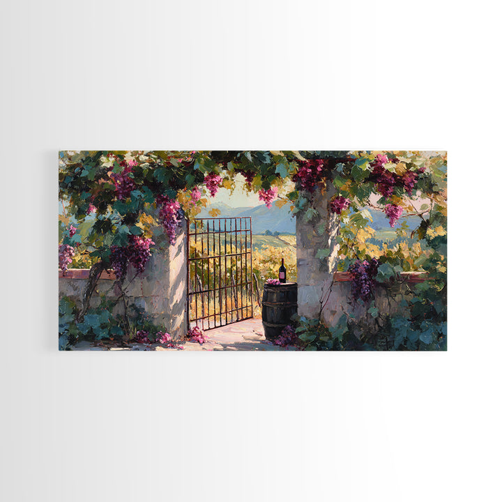 Vineyard Gate with Climbing Roses Framed Canvas Print, Winery Art, Wall Art, Winery Decor, Oil Painting, Vineyard, WIN-2x1-35