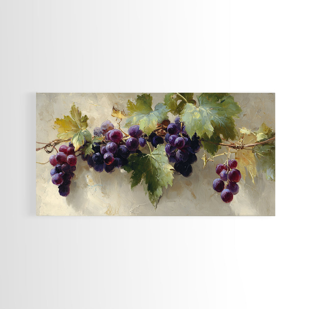 Grapevine Branch with Purple Grapes and Leaves Framed Canvas Print, Winery Art, Kitchen Wall Art, Winery Decor, Oil Painting, WIN-2x1-45