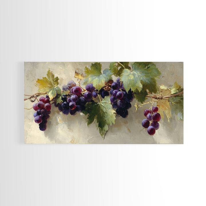 Grapevine Branch with Purple Grapes and Leaves Framed Canvas Print, Winery Art, Kitchen Wall Art, Winery Decor, Oil Painting, WIN-2x1-45