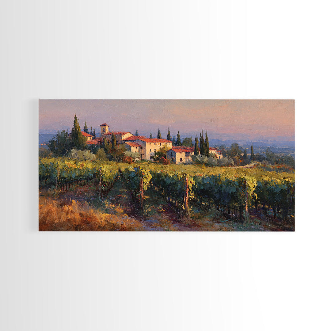 Tuscan Vineyard at Golden Hour Canvas Print, Winery Art, Farmhouse Decor, Winery Decor, Oil Painting, Vineyard, Bar Art, WIN-2x1-47