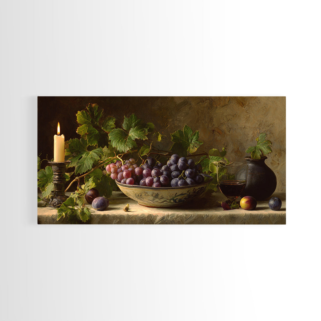 Grapes in a Ceramic Bowl with Shadows Framed Canvas Print, Winery Art, Oil Painting, Winery Decor, Watercolor Art, Vineyard, WIN-2x1-5