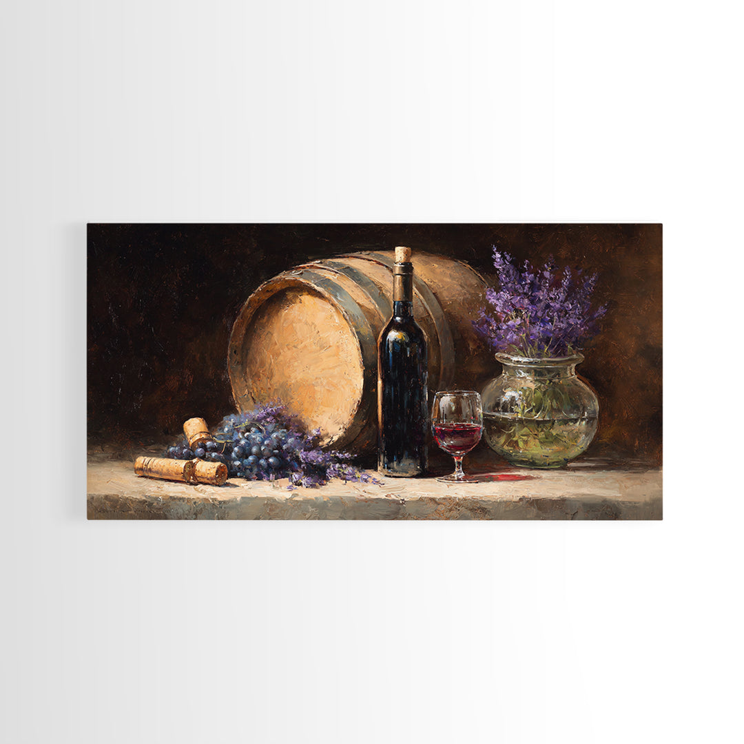 Wine Barrel with Lavender and Sunlight Framed Canvas Print, Winery Art, Wall Decor, Winery Decor, Fine Art, Vineyard, WIN-2x1-50