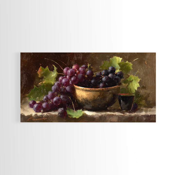 Grapes in a Ceramic Bowl with Shadows Canvas Print, Winery Art, Farmhouse Decor, Winery Decor, Oil Painting, Vineyard, WIN-2x1-53