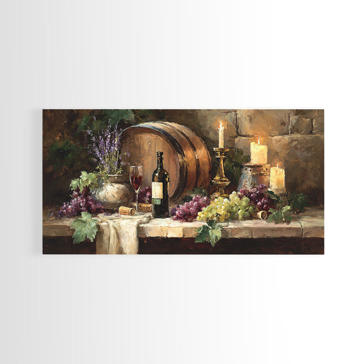 Wine Barrel with Lavender and Sunlight Canvas Print, Winery Art, Oil Painting, Winery Decor, Watercolor Art, Vineyard, WIN-2x1-74