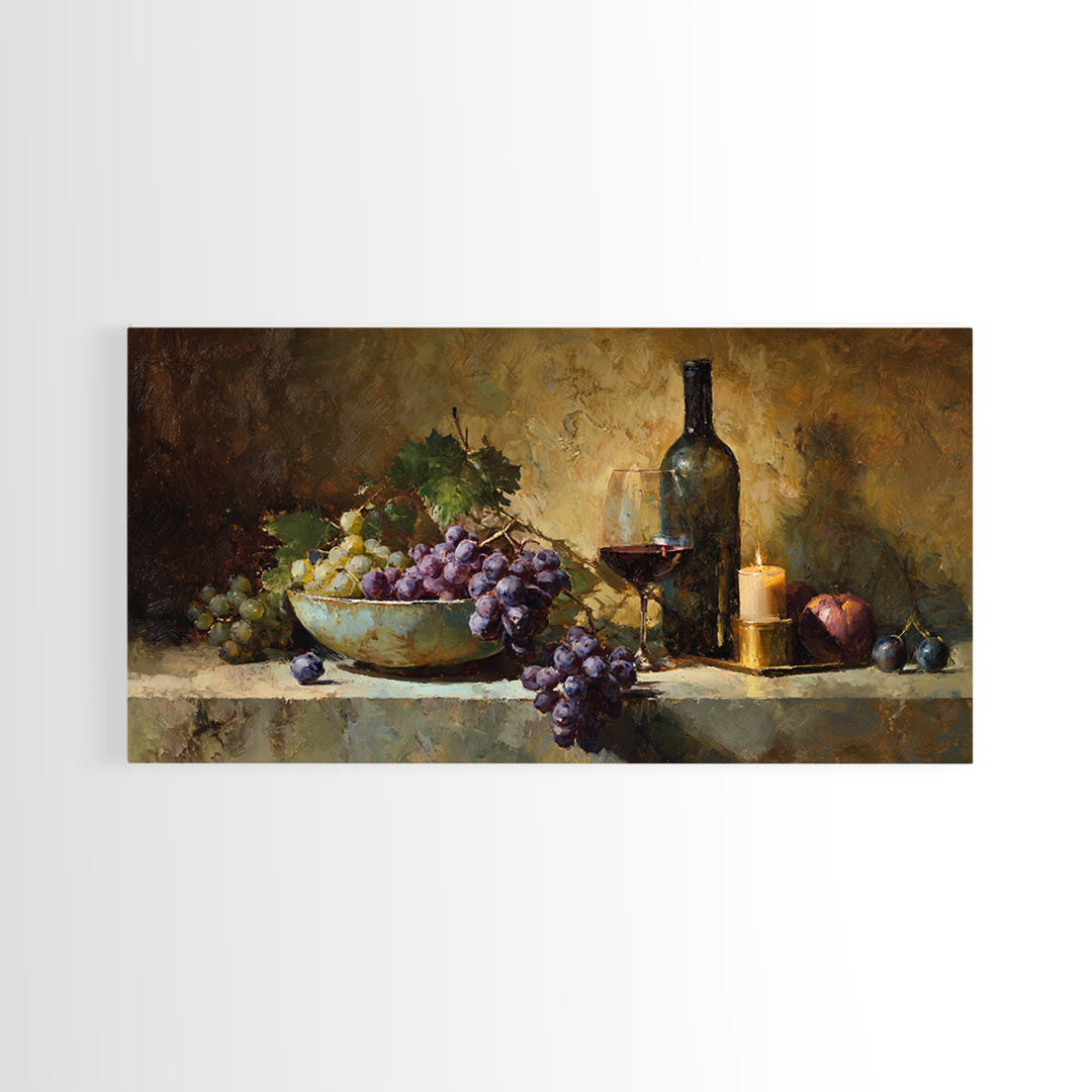 Grapes in a Ceramic Bowl with Shadows Canvas Print, Winery Art, Farmhouse Decor, Winery Decor, Oil Painting, Vineyard, WIN-2x1-77