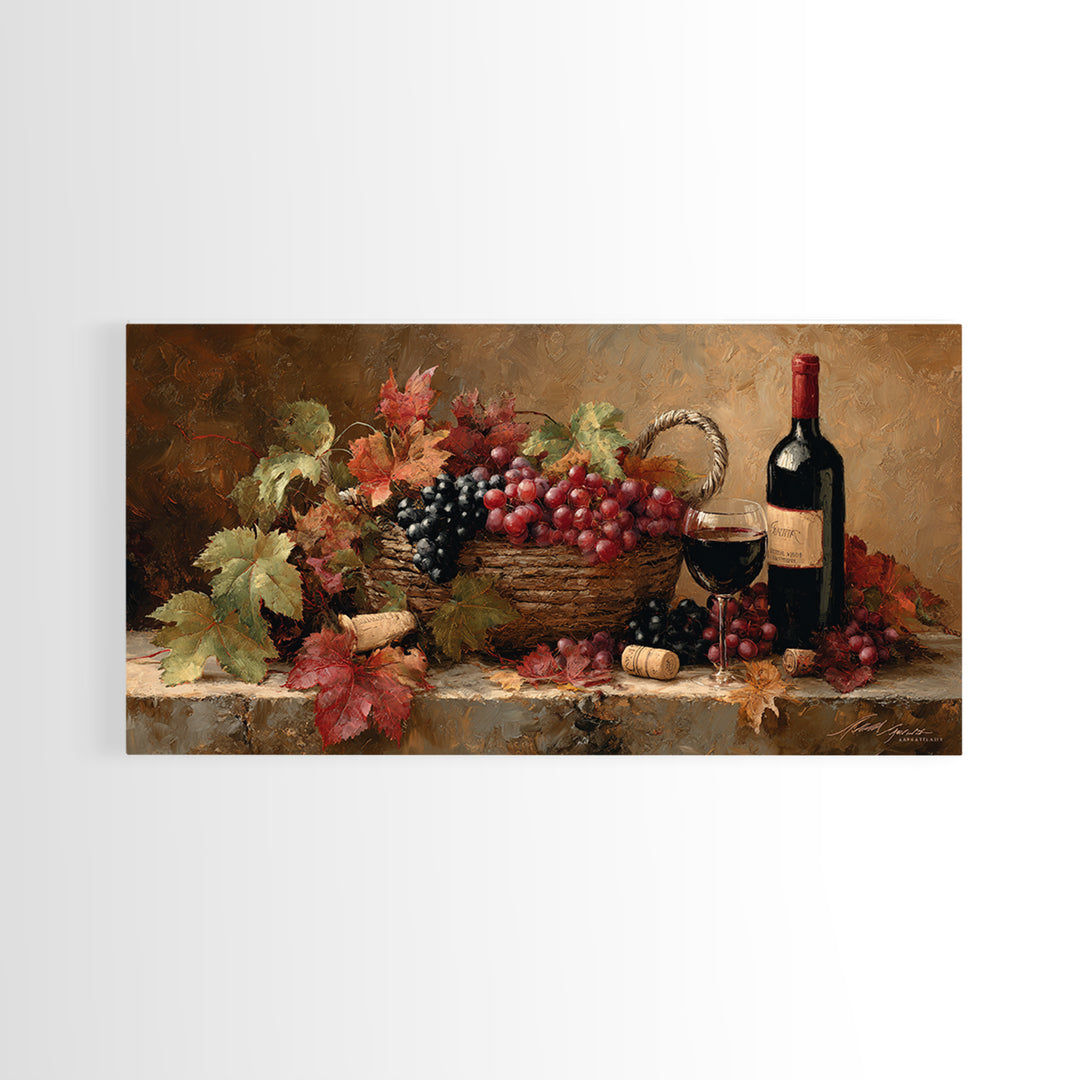 Wine Harvest Basket Framed Canvas Print, Winery Art, Art Print, Winery Decor, Oil Painting, Vineyard, Watercolor Painting, WIN-2x1-90