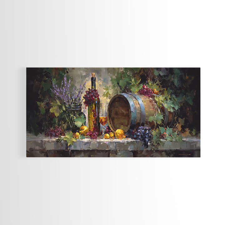 Wine Barrel with Lavender and Sunlight Canvas Print, Winery Art, Oil Painting, Winery Decor, Watercolor Art, Vineyard, WIN-2x1-98