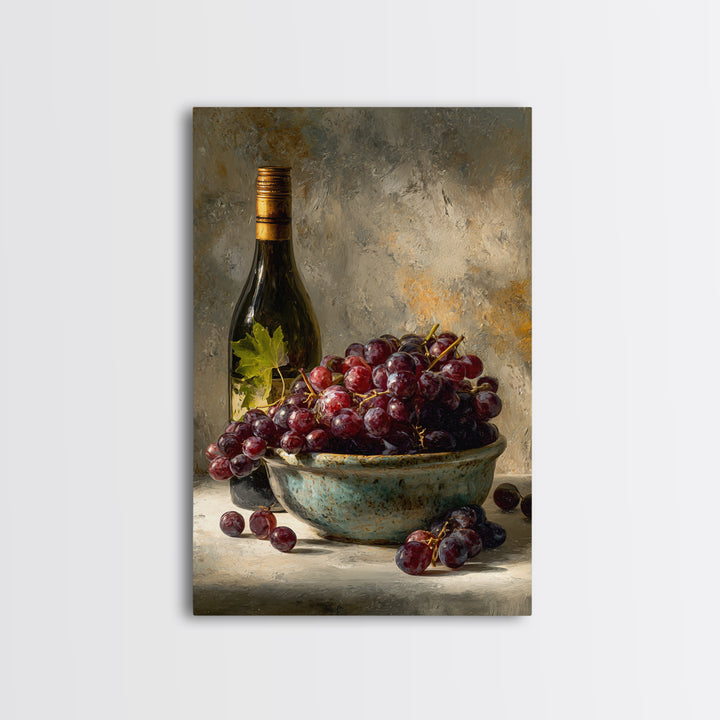 Grapes in a Ceramic Bowl with Shadows Framed Canvas Print, Winery Art, Kitchen Decor, Winery Decor, Abstract Art, Vineyard, WIN-2x3-17