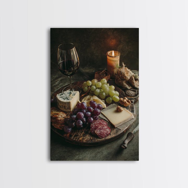 Charcuterie Board with Grapes and Cheese Framed Canvas Print, Winery Art, Art Print, Winery Decor, Oil Painting, Vineyard, WIN-2x3-21