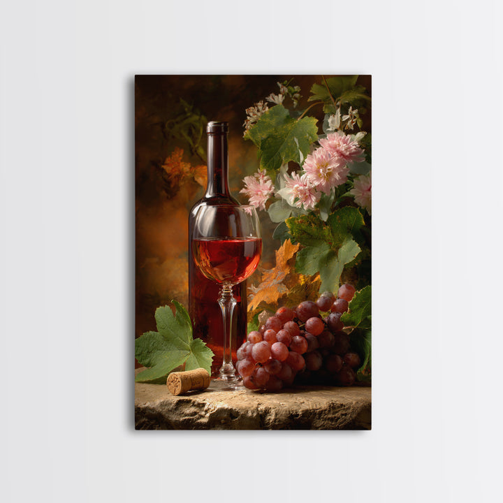 Ros Glass Beside Summer Flowers Framed Canvas Print, Winery Art, Art, Winery Decor, Fine Art, Vineyard, Farmhouse Decor, WIN-2x3-22