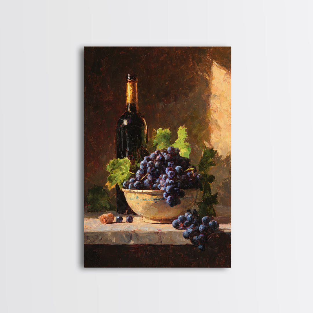 Grapes in a Ceramic Bowl with Shadows Framed Canvas Print, Winery Art, Kitchen Decor, Winery Decor, Abstract Art, Vineyard, WIN-2x3-41