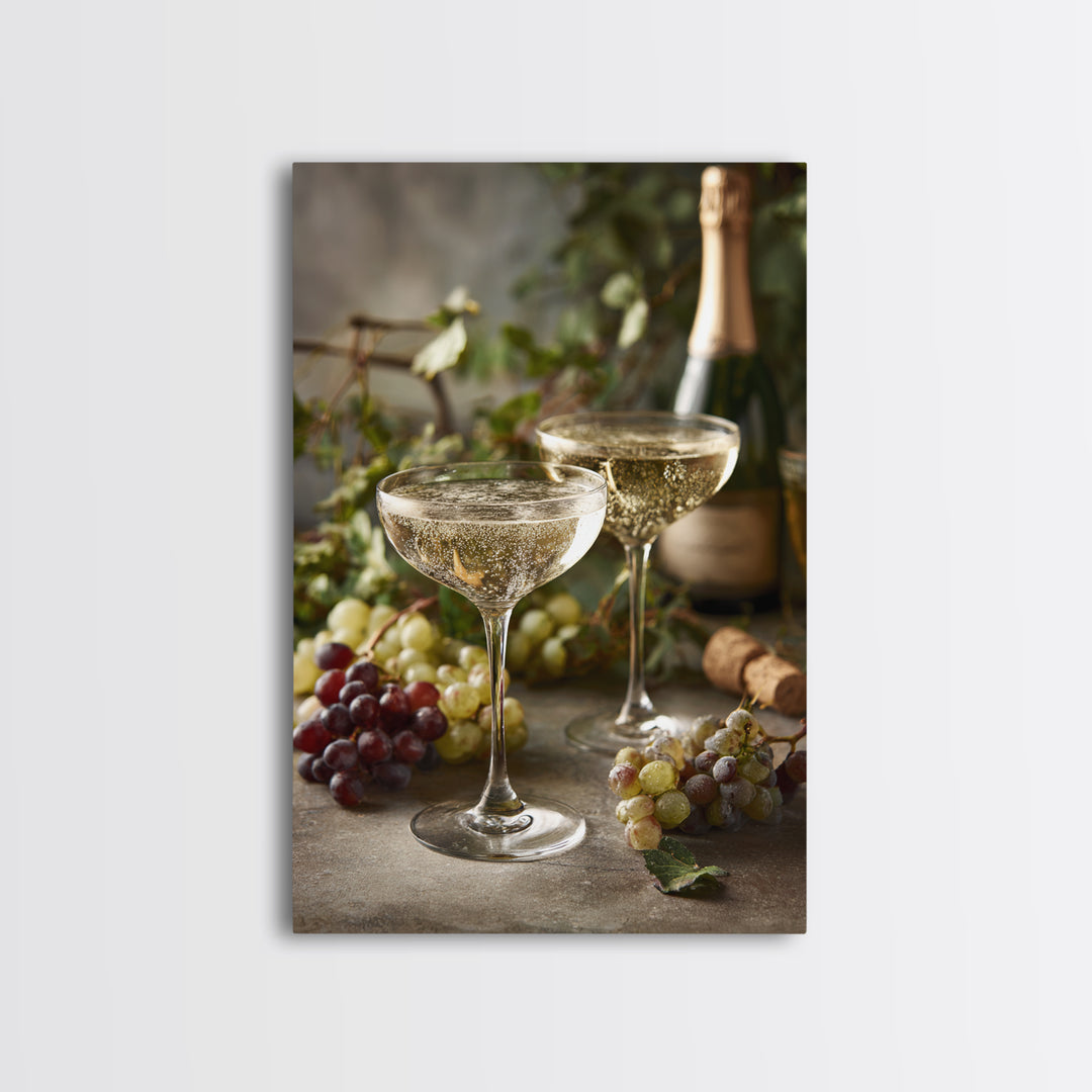 Champagne Coupe with Bubbles and Light Framed Canvas Print, Winery Art, Art Print, Winery Decor, Oil Painting, Vineyard, WIN-2x3-51