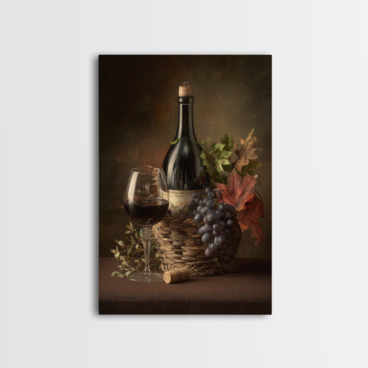Wine Harvest Basket Framed Canvas Print, Winery Art, Minimalist Decor, Winery Decor, Fine Art, Vineyard, Artwork, Kitchen Decor, WIN-2x3-6