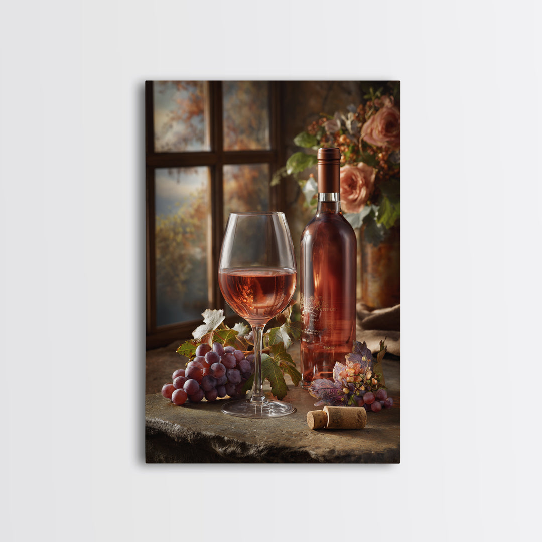 Ros Glass Beside Summer Flowers Canvas Print, Winery Art, Winery Decor, Oil Painting, Vineyard, Retro Wall Art, WIN-2x3-70