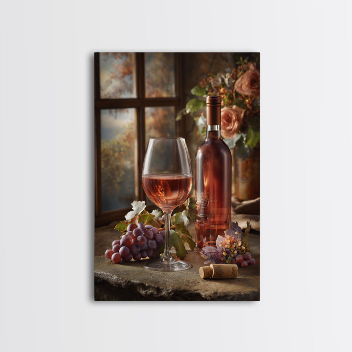 Ros Glass Beside Summer Flowers Canvas Print, Winery Art, Winery Decor, Oil Painting, Vineyard, Retro Wall Art, WIN-2x3-70