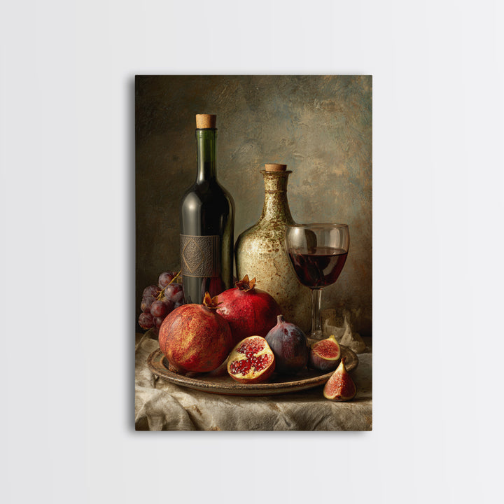 Pomegranate Figs and Red Wine Composition Framed Canvas Print, Winery Art, Watercolor Painting, Winery Decor, Vineyard, WIN-2x3-73