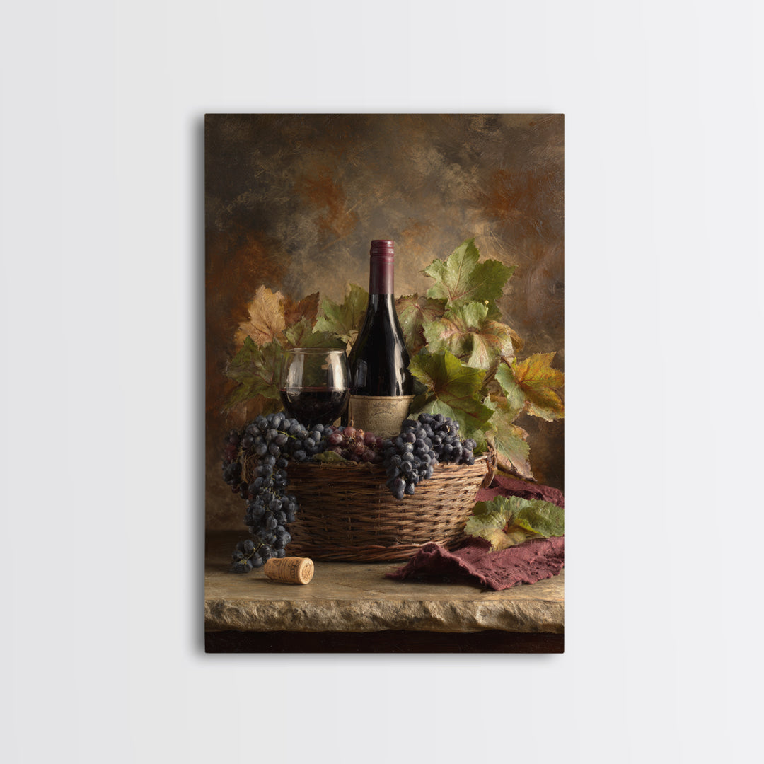 Wine Harvest Basket Framed Canvas Print, Winery Art, Wall Hanging, Winery Decor, Fine Art, Vineyard, Preppy Wall Art, WIN-2x3-78