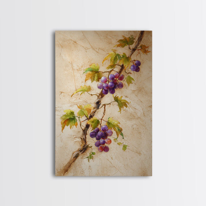 Grapevine Branch with Purple Grapes and Leaves Canvas Print, Winery Art, Wall Hanging, Winery Decor, Watercolor Art, Vineyard, WIN-2x3-9