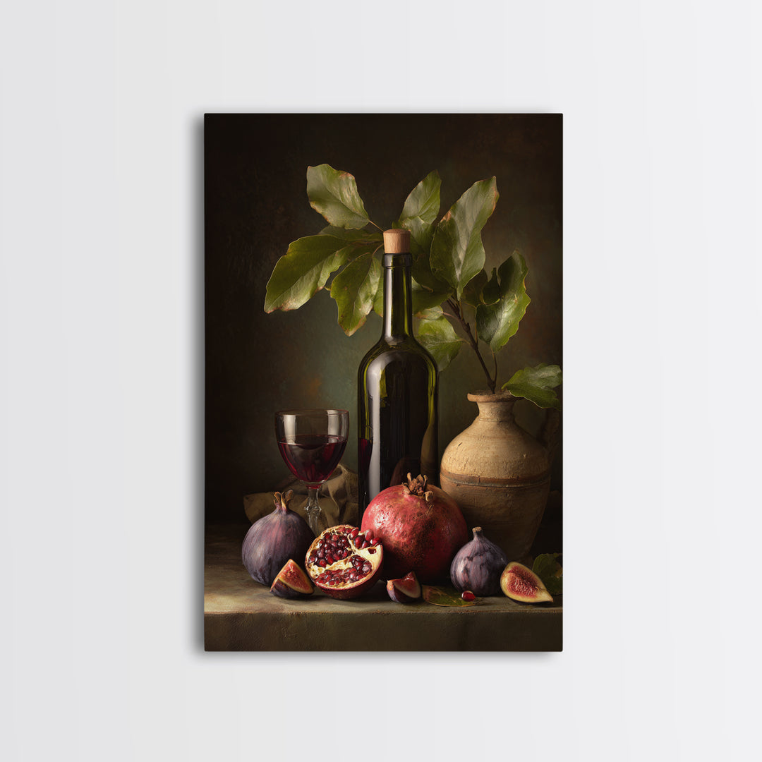 Pomegranate Figs and Red Wine Composition Framed Canvas Print, Winery Art, Watercolor Painting, Winery Decor, Vineyard, WIN-2x3-97
