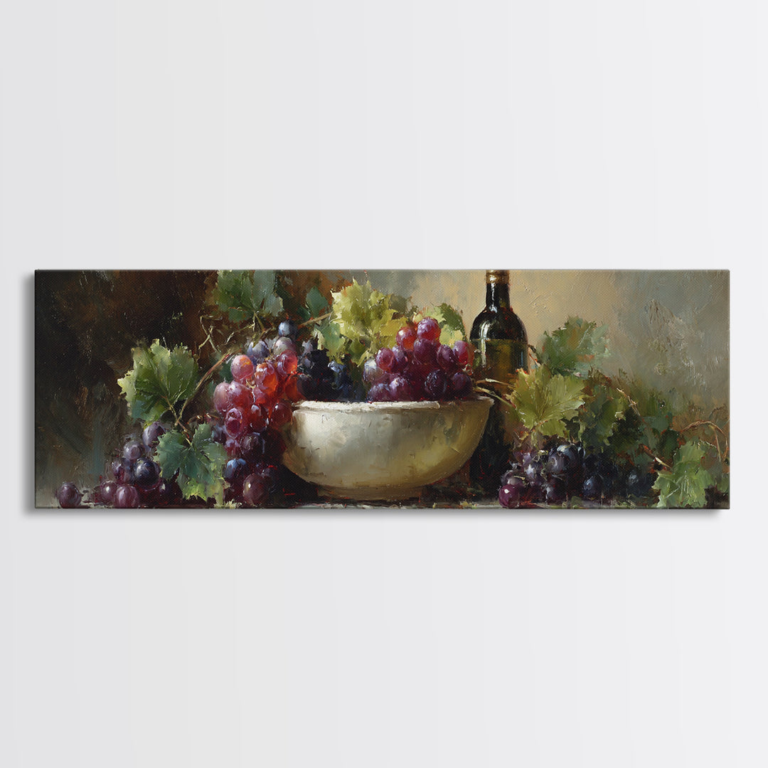 Grapes in a Ceramic Bowl with Shadows Framed Canvas Print, Winery Art, Retro Wall Art, Winery Decor, Fine Art, Vineyard, WIN-3x1-1